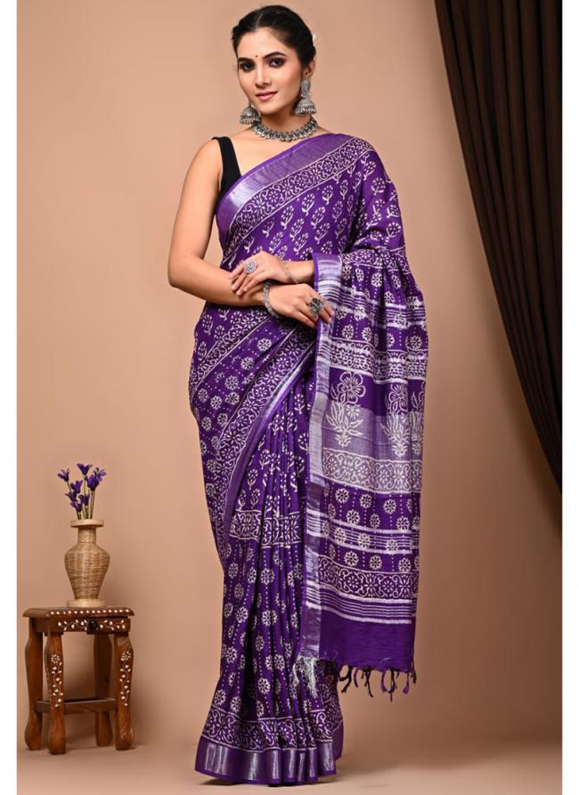 Cotton  Purple Daily Wear Printed Saree